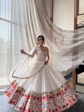 White Embroidered Lehenga Dress with Colorful Elephant Border